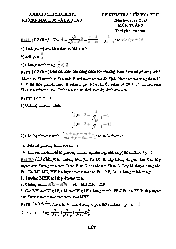 Đề kiểm tra giữa học kì II môn Toán học Lớp 9 - Năm học 2022-2023 - Phòng GD&ĐT Thanh Trì (Có đáp án)