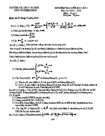 Đề kiểm tra giữa học kỳ 2 môn Toán học Lớp 9 - Năm học 2021-2022 - Trường TH, THCS và THPT Thực nghiệm KHGD (Có đáp án)