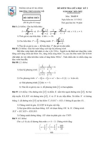 Đề kiểm tra giữa học kỳ 2 môn Toán học Lớp 9 - Năm học 2021-2022 - Trường THCS Giảng Võ (Có đáp án)