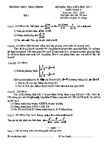 Đề kiểm tra giữa học kỳ 2 môn Toán học Lớp 9 - Năm học 2022-2023 - Trường THCS Thái Thịnh (Có đáp án)
