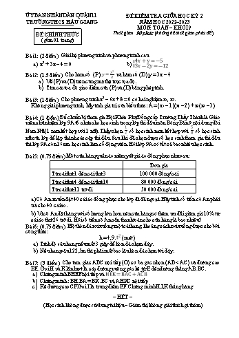 Đề kiểm tra giữa học kỳ 2 môn Toán học Lớp 9 - Năm học 2022-2023 - Trường THCS Hậu Giang (Có đáp án)