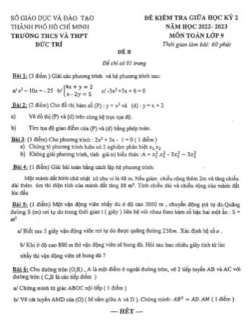 Đề kiểm tra giữa học kỳ 2 môn Toán học Lớp 9 - Năm học 2022-2023 - Trường THCS và THPT Đức Trí