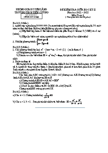 Đề kiểm tra giữa học kỳ II môn Toán học Lớp 9 - Năm học 2021-2022 - Trường THCS Tiên Cường