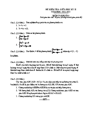Đề kiểm tra giữa học kỳ II môn Toán học Lớp 9 - Năm học 2021-2022 (Có đáp án)