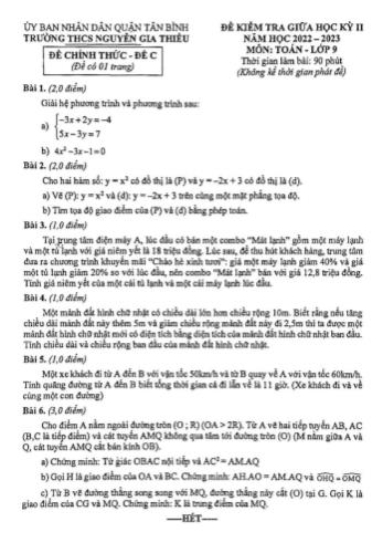 Đề kiểm tra giữa học kỳ II môn Toán học Lớp 9 - Năm học 2022-2023 - Trường THCS Nguyễn Gia Thiều