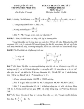 Đề kiểm tra giữa học kỳ II môn Toán học Lớp 9 - Năm học 2022-2023 - Trường THCS Nhật Tân