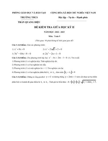 Đề kiểm tra giữa học kỳ II môn Toán học Lớp 9 - Năm học 2022-2023 - Trường THCS Trần Quan Diệu (Có đáp án)