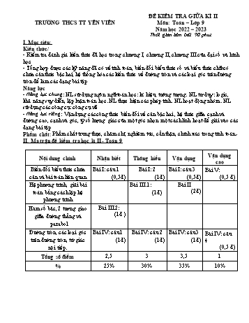 Đề kiểm tra giữa kì II môn Toán học Lớp 9 - Năm học 2022-2023 - Trường THCS TT Yên Viên (Có đáp án)