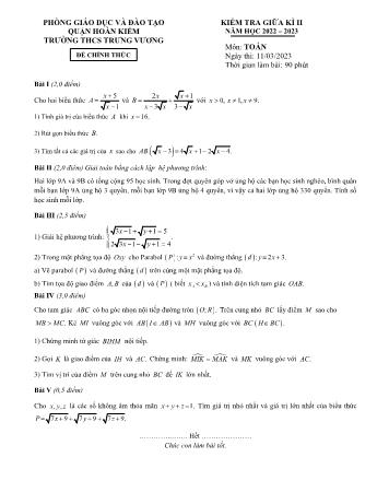 Đề kiểm tra giữa kì II môn Toán học Lớp 9 - Năm học 2022-2023 - Trường THCS Trưng Vương (Có đáp án)
