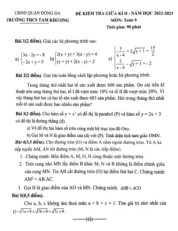 Đề kiểm tra giữa kì II môn Toán học Lớp 9 - Năm học 2022-2023 - Trường THCS Tam Khương
