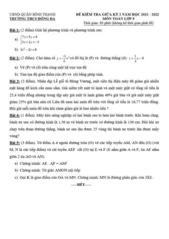 Đề kiểm tra giữa kỳ 2 môn Toán học Lớp 9 - Năm học 2021-2022 - Trường THCS Đống Đa