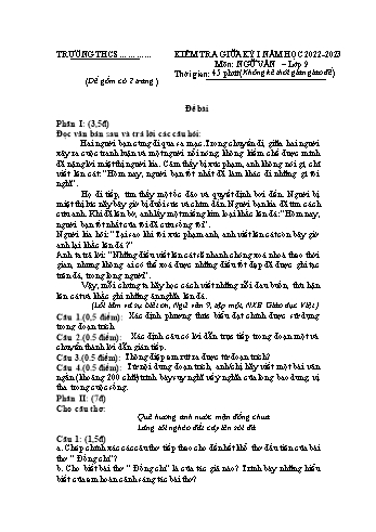 Đề kiểm tra giữa kỳ I môn Ngữ văn Lớp 9 - Năm học 2022-2023 - Đề 3 (Có đáp án)