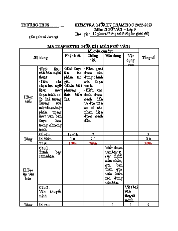 Đề kiểm tra giữa kỳ I môn Ngữ văn Lớp 9 - Năm học 2022-2023 - Đề 2 (Có đáp án)