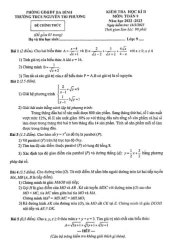 Đề kiểm tra học kì II môn Toán học Lớp 9 - Năm học 2022-2023 - Trường THCS Nguyễn Tri Phương