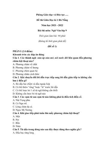 Đề thi giữa học kì 1 môn Ngữ văn Lớp 9 - Năm học 2021-2022 - Đà Nẵng (Có đáp án)