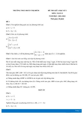 Đề thi giữa học kì 2 môn Toán học Lớp 9 - Năm học 2021-2022 - Trường THCS Đoàn Thị Điểm (Có đáp án)