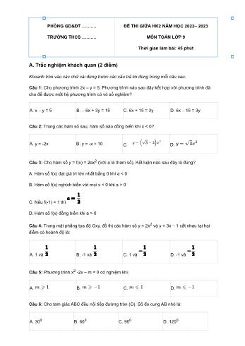 Đề thi giữa học kì 2 môn Toán học Lớp 9 - Năm học 2022-2023 (Có đáp án)