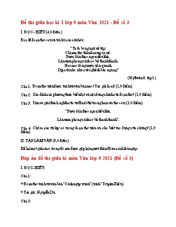 Đề thi giữa kì 1 môn Ngữ văn Lớp 9 - Năm học 2021-2022 - Đề 3 (Có đáp án)