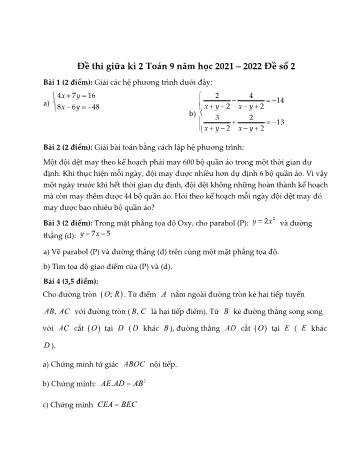 Đề thi giữa kì 2 môn Toán học Lớp 9 - Năm học 2021-2022 - Đề 2 (Có đáp án)