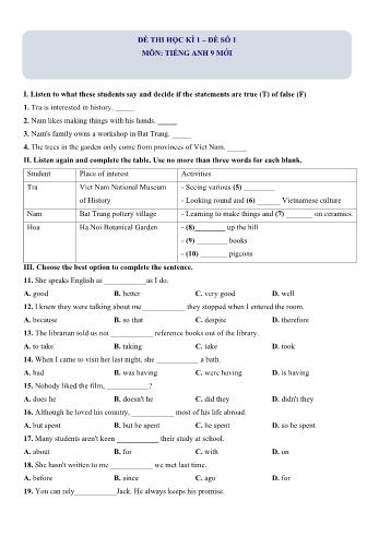 Đề thi học kì 1 môn Tiếng Anh Lớp 9 - Đề số 1 (Có file nghe + lời giải)