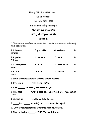Đề thi học kì 1 môn Tiếng Anh Lớp 9 - Năm học 2021-2022 (Có đáp án)