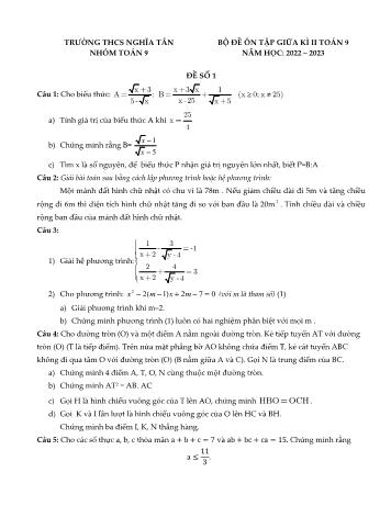Tổng hợp 11 đề ôn tập giữa kì II môn Toán học Lớp 9 - Năm học 2022-2023 - Trường THCS Nghĩa Tân