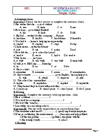 Tuyển tập 16 đề kiểm tra học kỳ I môn Tiếng Anh Lớp 9 (Có đáp án)
