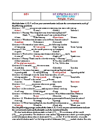 Tuyển tập 16 đề kiểm tra học kỳ I môn Tiếng Anh Lớp 9 - Năm học 2022-2023 - Đề 6 (Có đáp án)