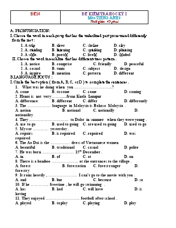 Tuyển tập 16 đề kiểm tra học kỳ I môn Tiếng Anh Lớp 9 - Năm học 2022-2023 - Đề 16 (Có đáp án)