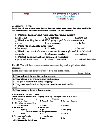 Tuyển tập 16 đề kiểm tra học kỳ I môn Tiếng Anh Lớp 9 - Năm học 2022-2023 - Đề 11 (Có đáp án)