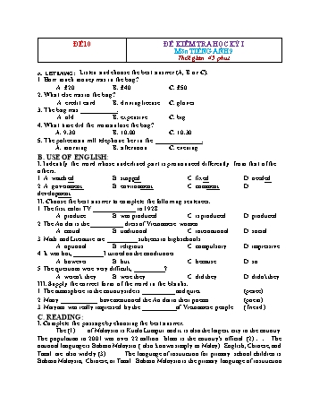 Tuyển tập 16 đề kiểm tra học kỳ I môn Tiếng Anh Lớp 9 - Năm học 2022-2023 - Đề 10 (Có đáp án)
