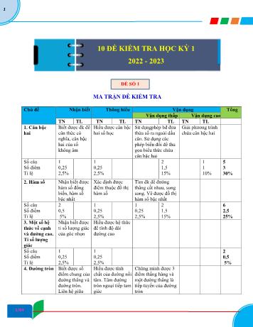 10 Đề kiểm tra học kì kì 1 Toán Lớp 9 - Năm học 2022-2023 (Có hướng dẫn chấm)