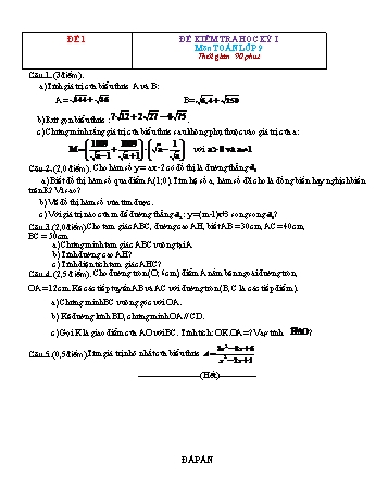 29 Đề kiểm tra học kì 1 Toán Lớp 9 (Có đáp án)