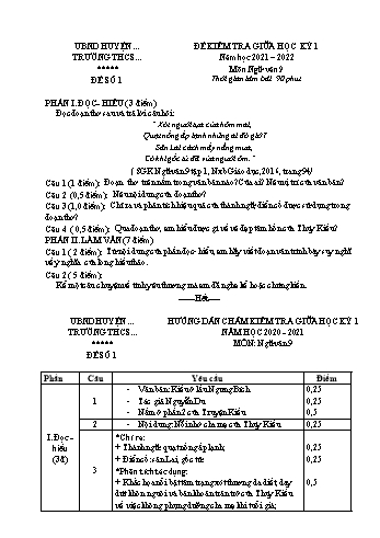 3 Đề kiểm tra giữa học kì 1 Ngữ văn Lớp 9 - Năm học 2021-2022 (Có hướng dẫn chấm)