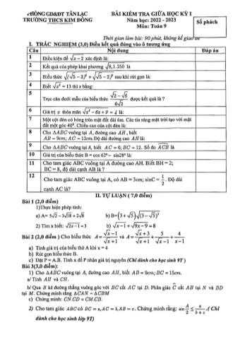 Bài kiểm tra giữa học kì 1 Toán Lớp 9 - Năm học 2022-2023 - Trường THCS Kim Đồng
