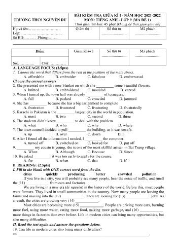 Bài kiểm tra giữa kì 1 Tiếng Anh Lớp 9 - Mã đề 1 - Năm học 2021-2022 - Trường THCS Nguyễn Du (Có đáp án)