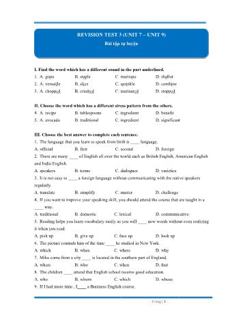Bài tập tự luyện Tiếng Anh Lớp 9 - Revision test 3 (Unit 7-9)