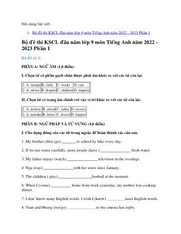 Bộ đề thi khảo sát chất lượng đầu năm Tiếng Anh Lớp 9 - Năm học 2022-2023 (Có đáp án)