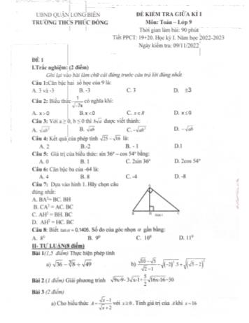 Đề giữa học kì 1 Toán 9 năm 2022 – 2023 trường THCS Phúc Đồng – Hà Nội