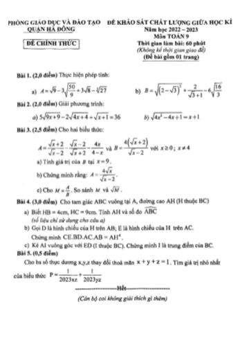 Đề khảo sát chất lượng giữa học kì 1 Toán Lớp 9 - Năm học 2022-2023 - Phòng GD&ĐT Hà Đông (Có hướng dẫn chấm)