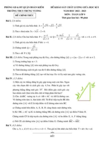 Đề khảo sát chất lượng giữa học kì 1 Toán Lớp 9 - Năm học 2022-2023 - Trường THCS Trưng Vương (Có đáp án và thang điểm)