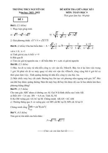 Đề kiểm tra giữa học kì 1 Toán Lớp 9 - Đề 1 - Năm học 2021-2022 - Trường THCS Nguyễn Du (Có hướng dẫn chấm)