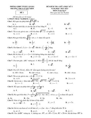 Đề kiểm tra giữa học kì 1 Toán Lớp 9 - Đề 1 - Năm học 2022-2023 - Trường THCS Lê Quý Đôn