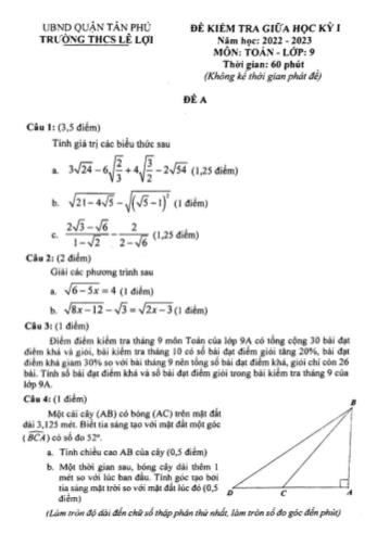 Đề kiểm tra giữa học kì 1 Toán Lớp 9 - Đề A - Năm học 2022-2023 - Trường THCS Lê Lợi