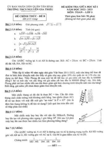 Đề kiểm tra giữa học kì 1 Toán Lớp 9 - Đề B - Năm học 2022-2023 - Trường THCS Nguyễn Gia Thiều
