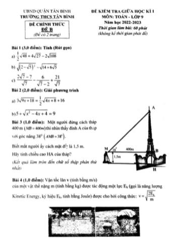 Đề kiểm tra giữa học kì 1 Toán Lớp 9 - Đề B - Năm học 2022-2023 - Trường THCS Tân Bình