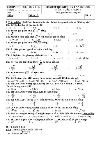 Đề kiểm tra giữa học kì 1 Toán Lớp 9 - Năm học 2021-2022 - Trường THCS Lê Quý Đôn (Có hướng dẫn chấm)