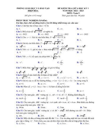 Đề kiểm tra giữa học kì 1 Toán Lớp 9 - Năm học 2022-2023 - Phòng GD&ĐT Hiệp Hòa (Có hướng dẫn chấm)