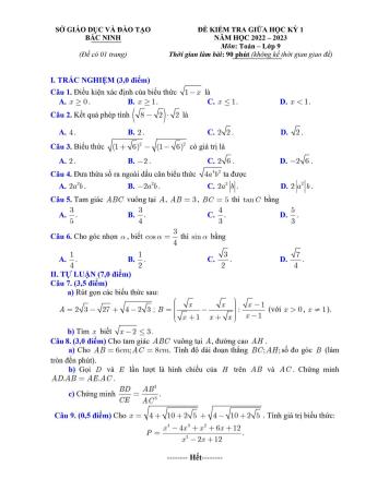 Đề kiểm tra giữa học kì 1 Toán Lớp 9 - Năm học 2022-2023 - Sở GD&ĐT Bắc Ninh (Có hướng dẫn chấm)