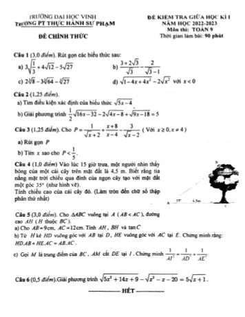 Đề kiểm tra giữa học kì 1 Toán Lớp 9 - Năm học 2022-2023 - Trường Phổ thông Thực hành Sư phạm